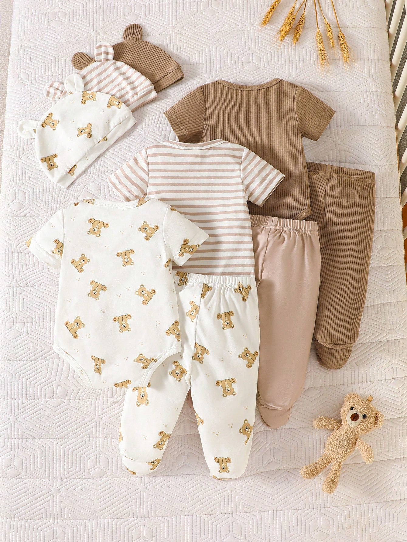 3pcs Baby Boys Bear Print & Ribbed Bodysuit Set - Ivory | 21 Centur...