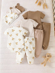 3pcs Baby Boys Bear Print & Ribbed Bodysuit Set - Ivory | 21 Centur...