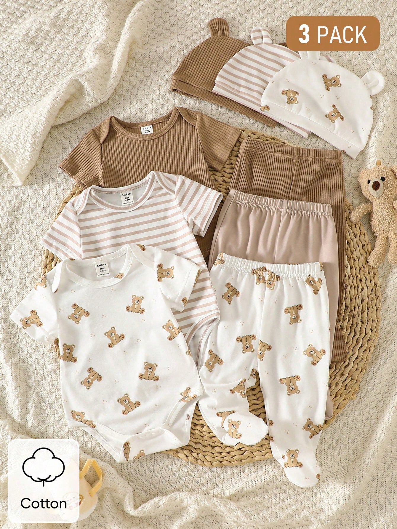 3pcs Baby Boys Bear Print & Ribbed Bodysuit Set - Ivory | 21 Centur...