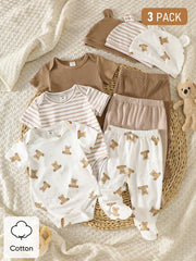 3pcs Baby Boys Bear Print & Ribbed Bodysuit Set - Ivory | 21 Centur...