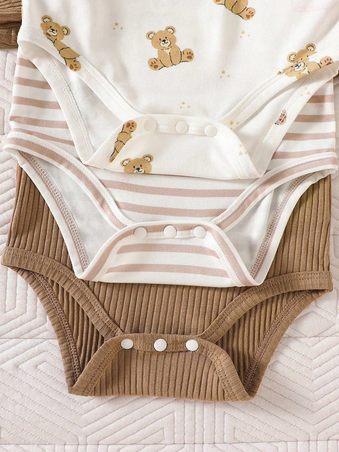 3pcs Baby Boys Bear Print & Ribbed Bodysuit Set - Ivory | 21 Centur...