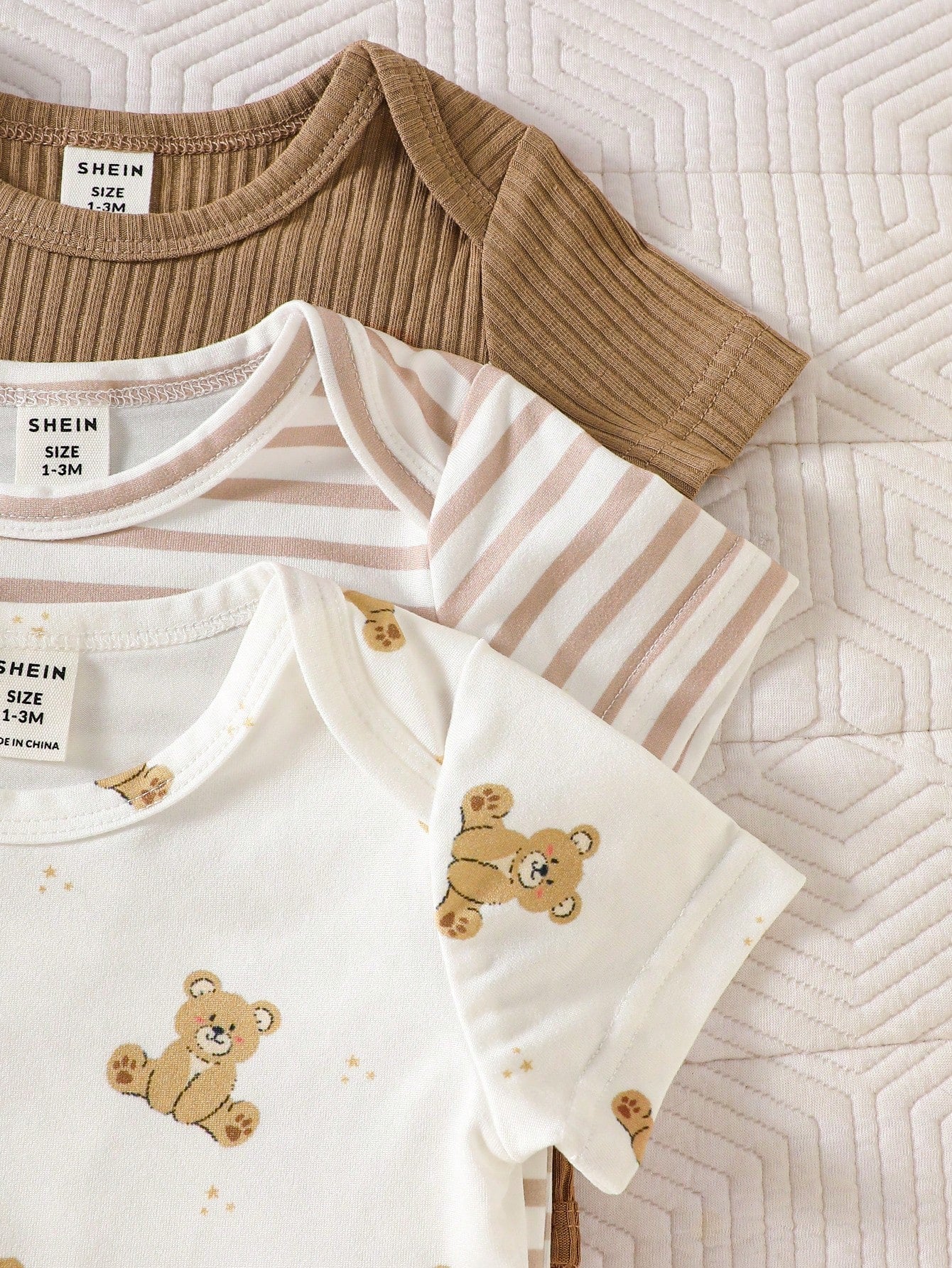 3pcs Baby Boys Bear Print & Ribbed Bodysuit Set - Ivory | 21 Centur...