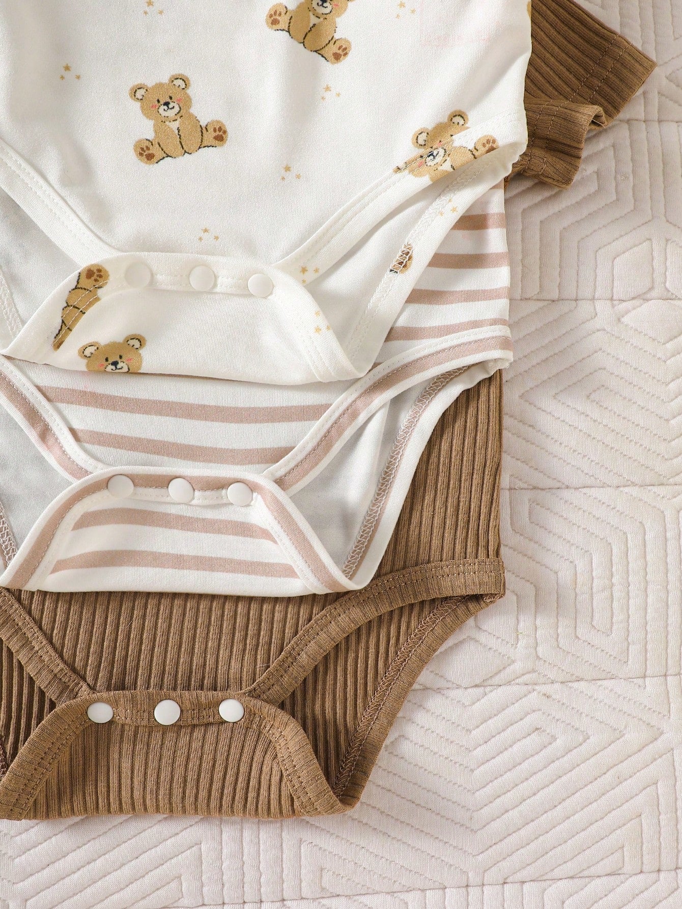 3pcs Baby Boys Bear Print & Ribbed Bodysuit Set - Ivory | 21 Centur...