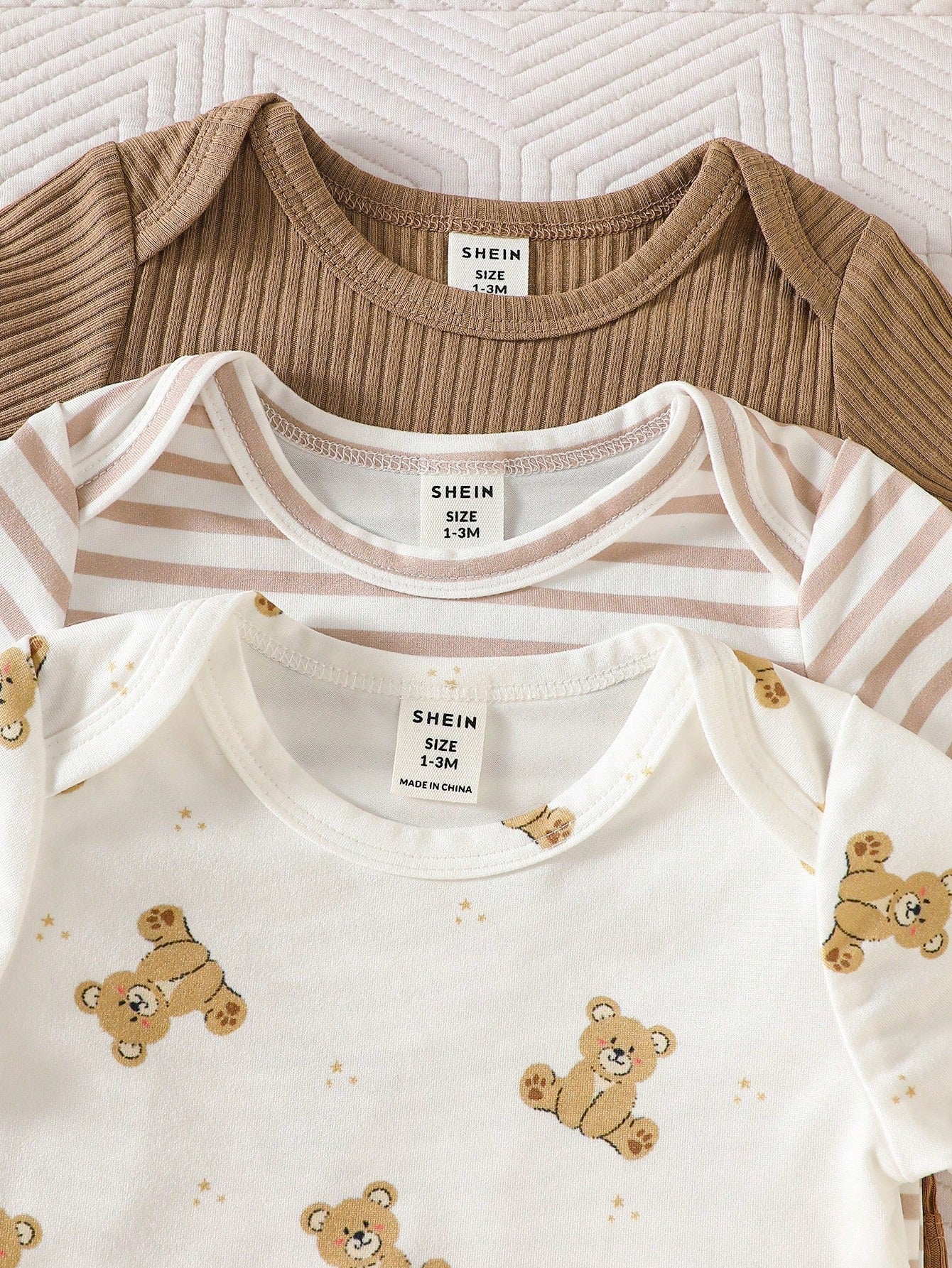3pcs Baby Boys Bear Print & Ribbed Bodysuit Set - Ivory | 21 Centur...