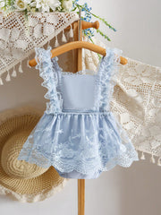 Baby Girls Floral Embroidered Mesh Overlay Ruffle Bodysuit - Powder Blue