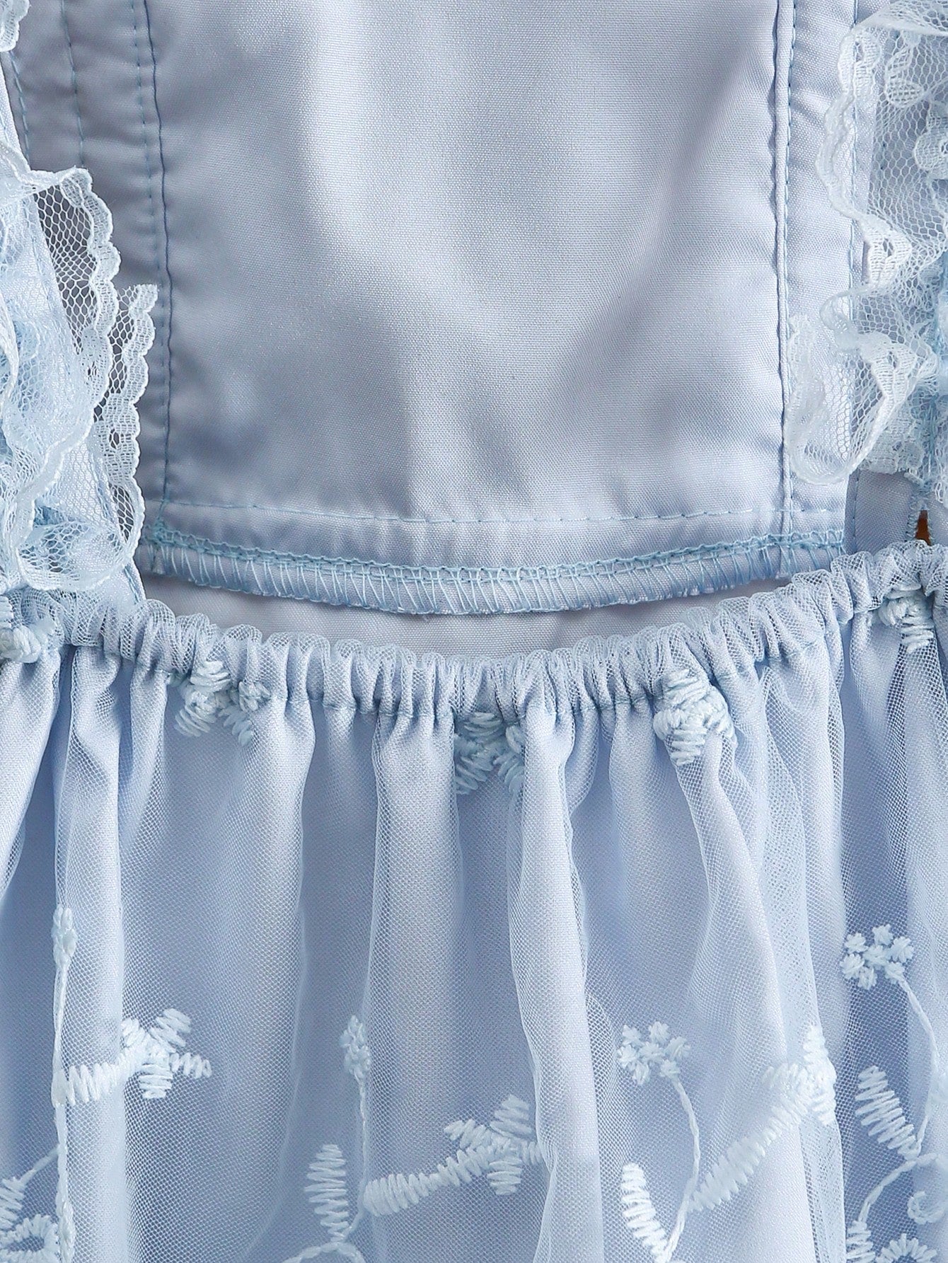 Baby Girls Floral Embroidered Mesh Overlay Ruffle Bodysuit - Powder Blue