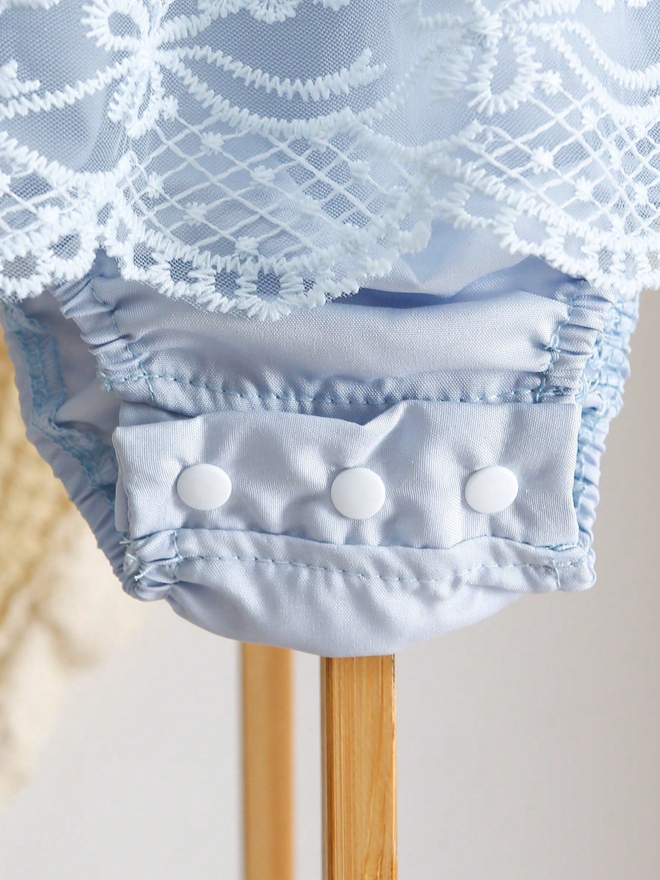 Baby Girls Floral Embroidered Mesh Overlay Ruffle Bodysuit - Powder Blue