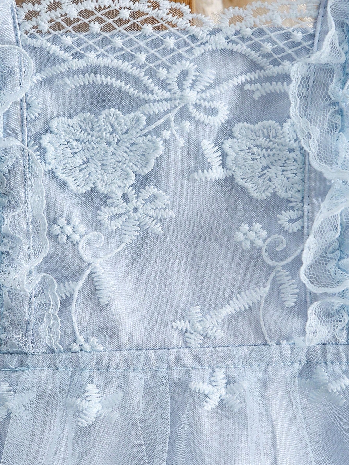 Baby Girls Floral Embroidered Mesh Overlay Ruffle Bodysuit - Powder Blue