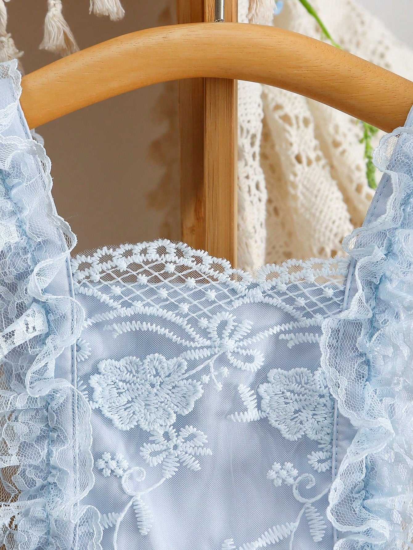 Baby Girls Floral Embroidered Mesh Overlay Ruffle Bodysuit - Powder Blue
