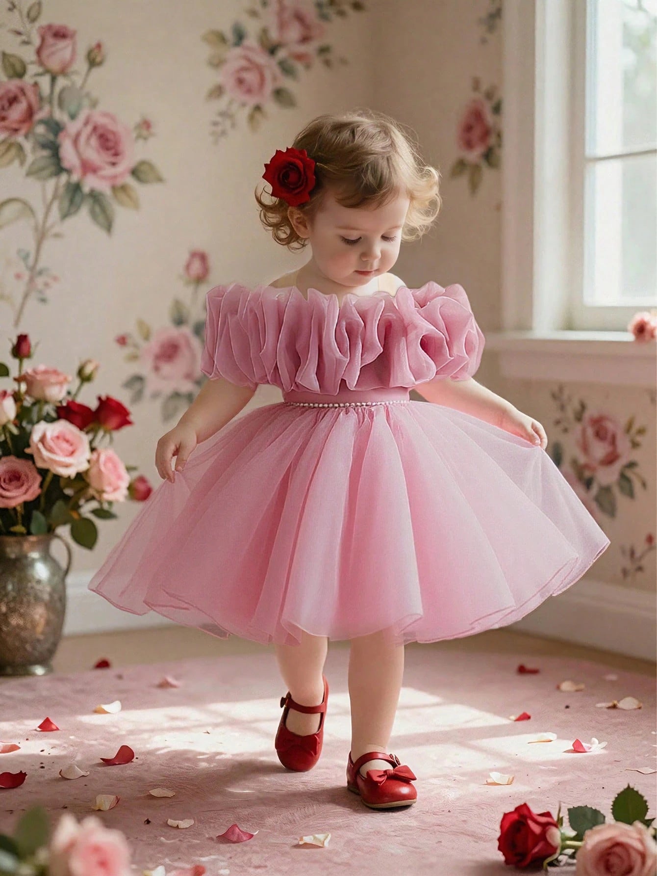 Girls Ruffle Organza Off-Shoulder Pearl-Waist Party Dress - Blush |...