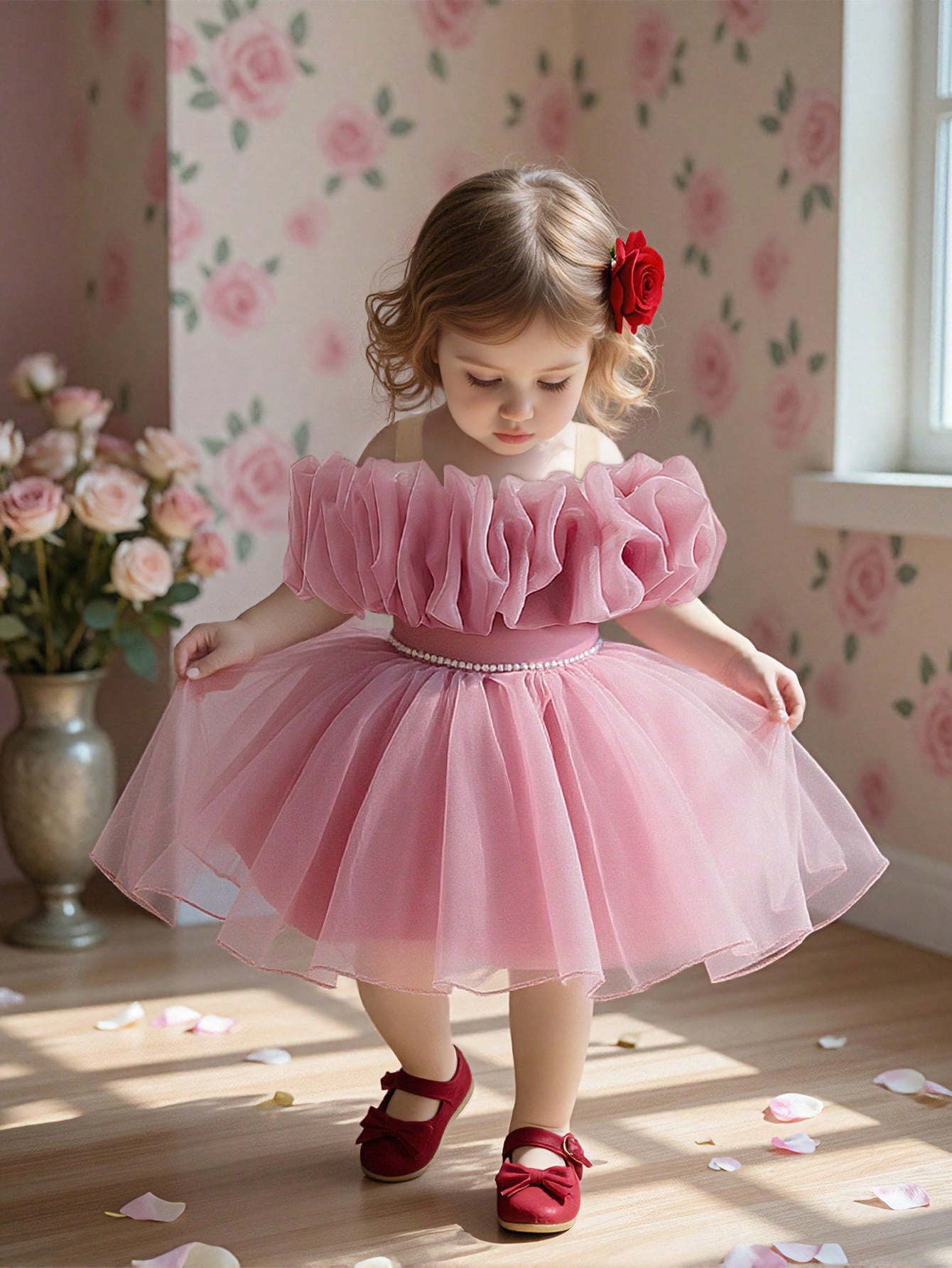 Girls Ruffle Organza Off-Shoulder Pearl-Waist Party Dress - Blush |...