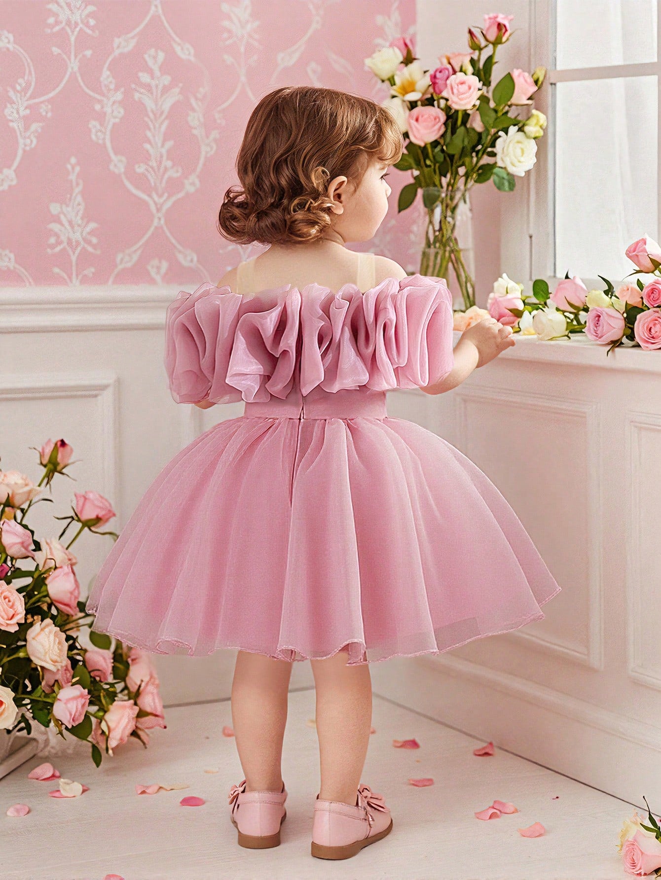 Girls Ruffle Organza Off-Shoulder Pearl-Waist Party Dress - Blush |...