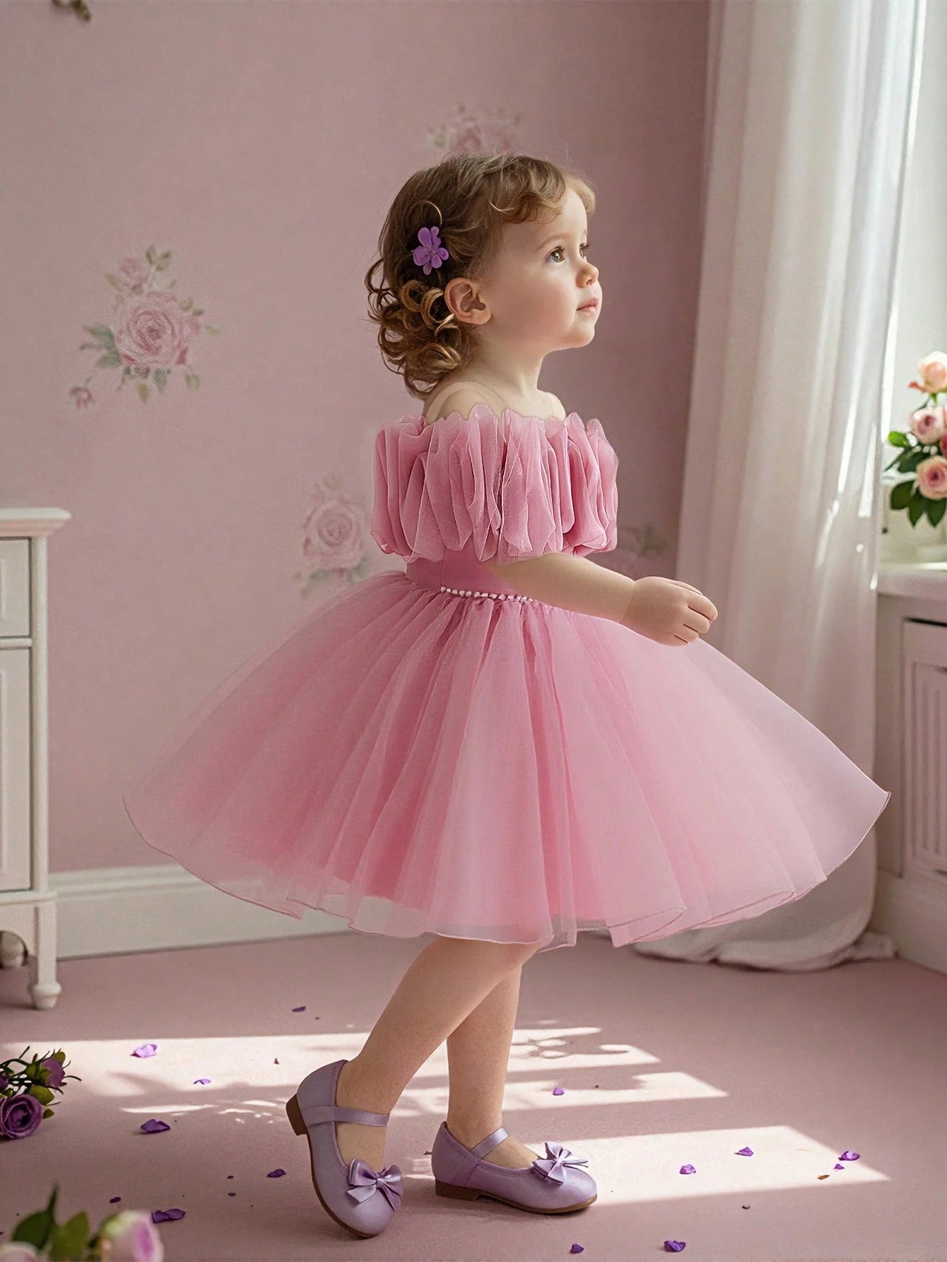 Girls Ruffle Organza Off-Shoulder Pearl-Waist Party Dress - Blush |...