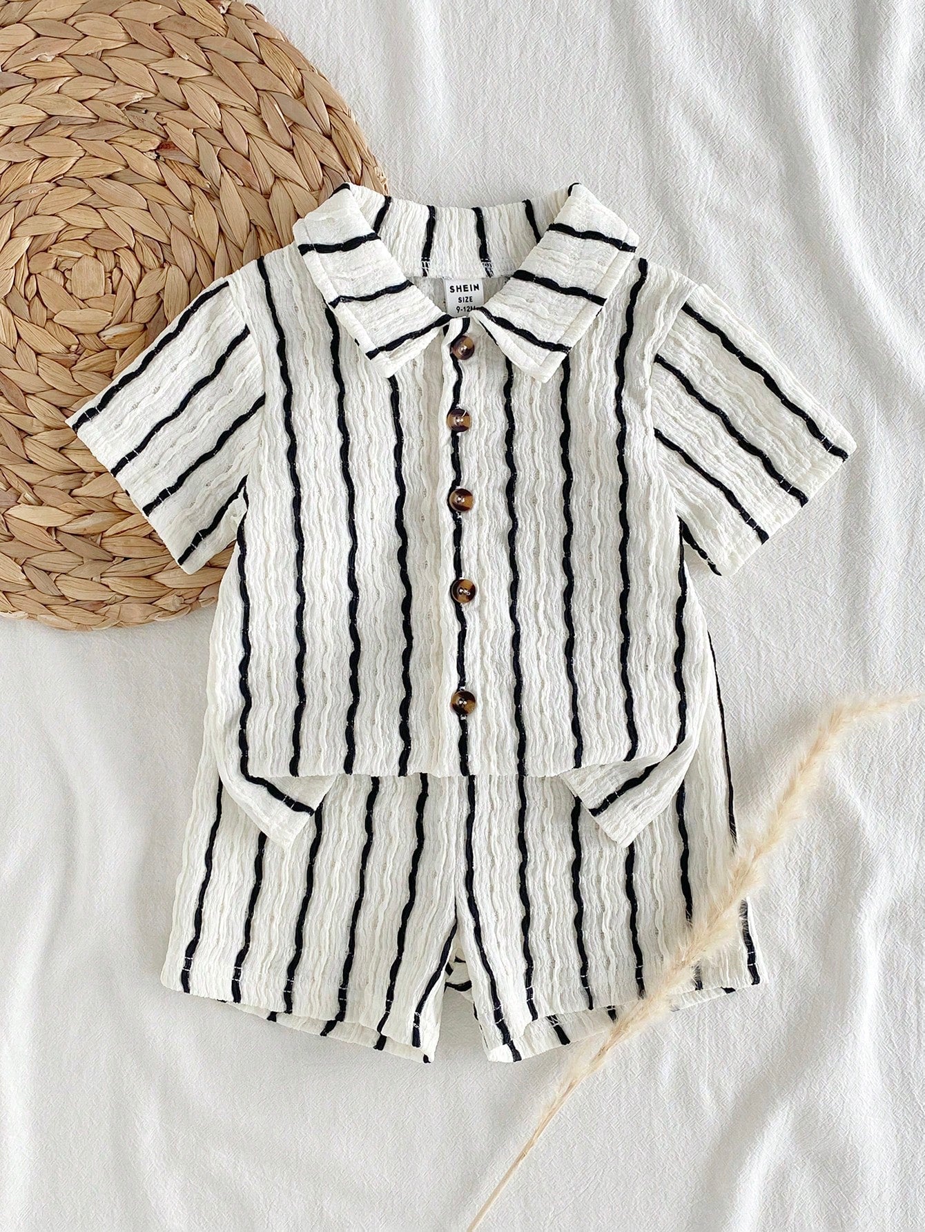 2pcs Boys Textured Stripe Shirt & Shorts Set - Ivory | 21 Century Kids