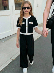 2pcs Girls Contrast Trim Gold Button Top & Wide-Leg Pants Set - Ony...