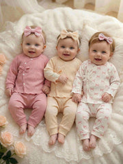 3pcs Baby Girls Bow Print Ribbed Top & Pants Set - Dusty Rose | 21 ...