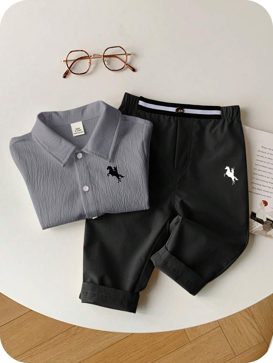 2pcs Boys Textured Polo Shirt & Trouser Set - Slate | 21 Century Kids