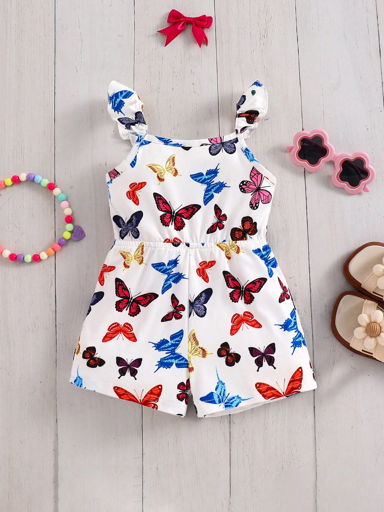 Girls Butterfly Print Ruffle Strap Romper - Ivory | 21 Century Kids