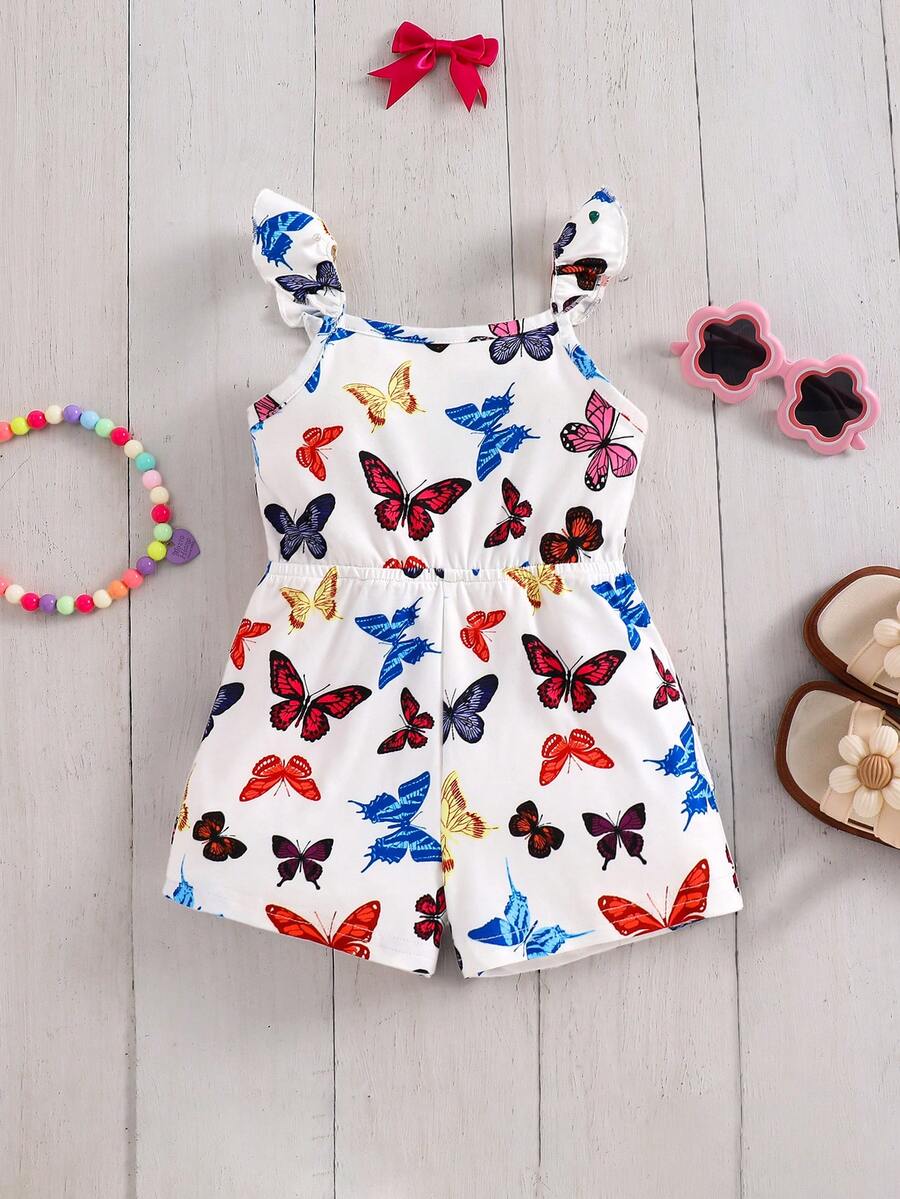 Girls Butterfly Print Ruffle Strap Romper - Ivory | 21 Century Kids
