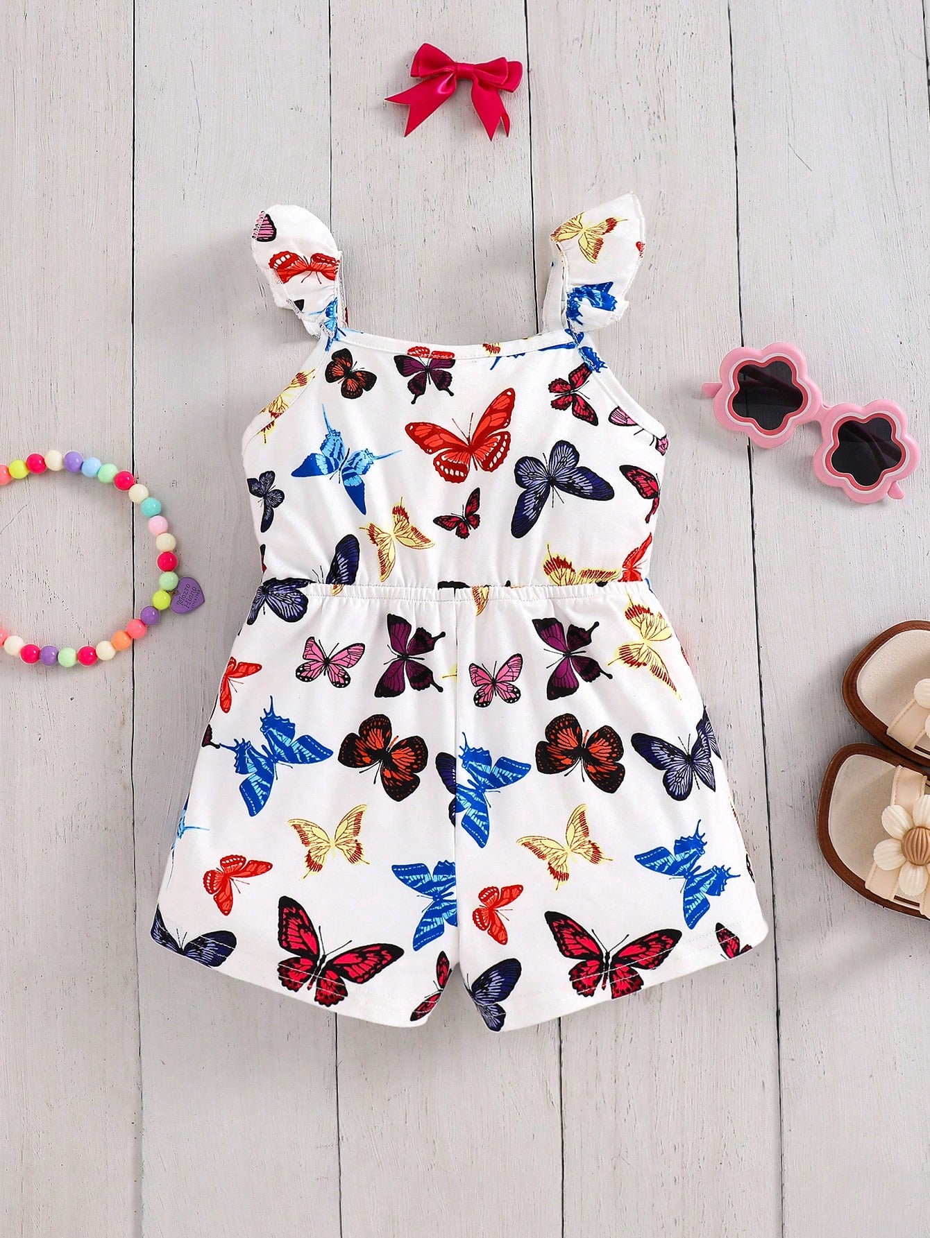 Girls Butterfly Print Ruffle Strap Romper - Ivory | 21 Century Kids