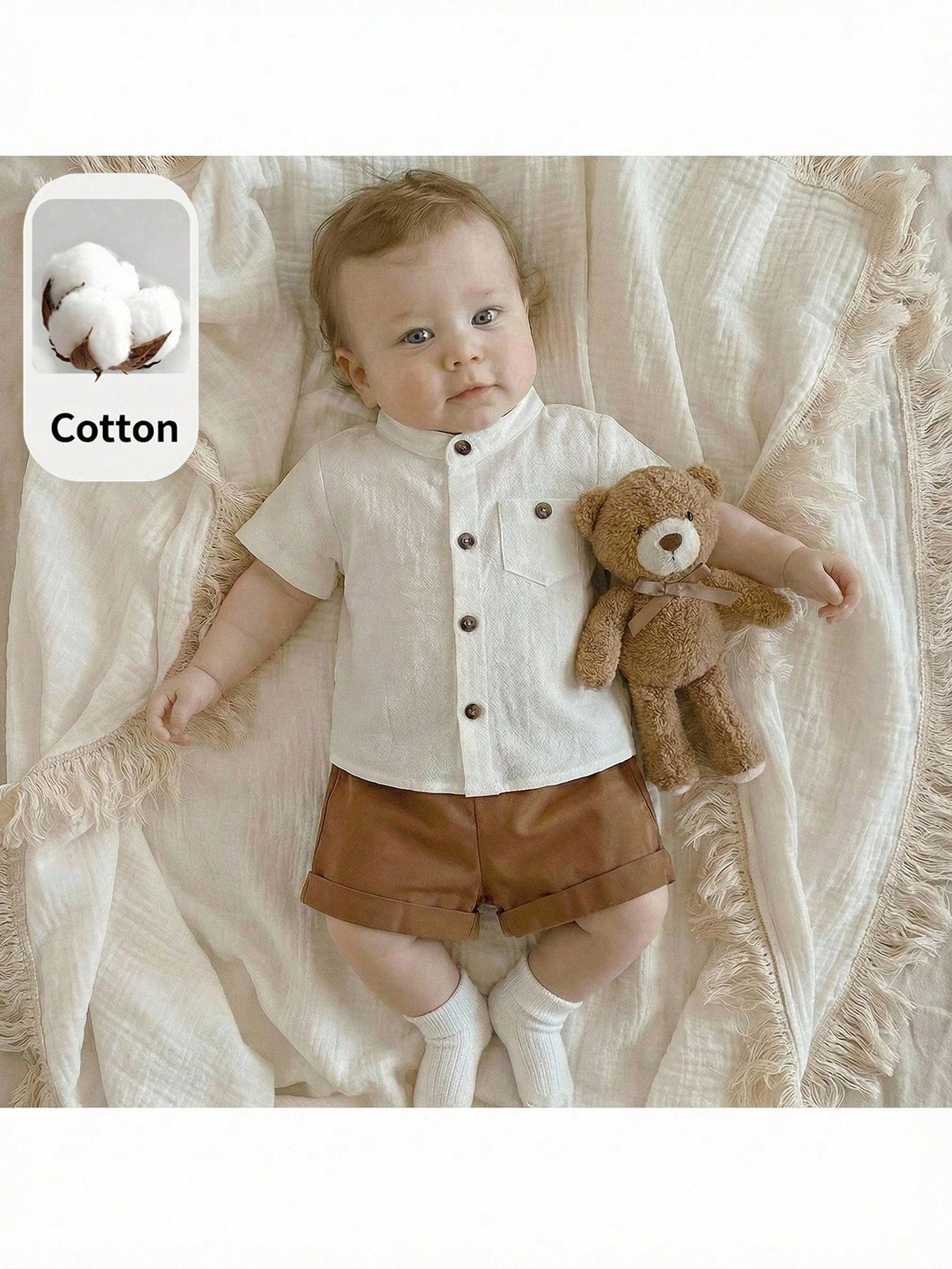 Boys Textured Button-Front Shirt & Shorts Set - Ivory