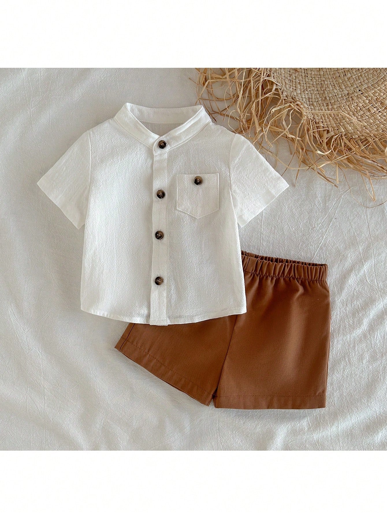 Boys Textured Button-Front Shirt & Shorts Set - Ivory