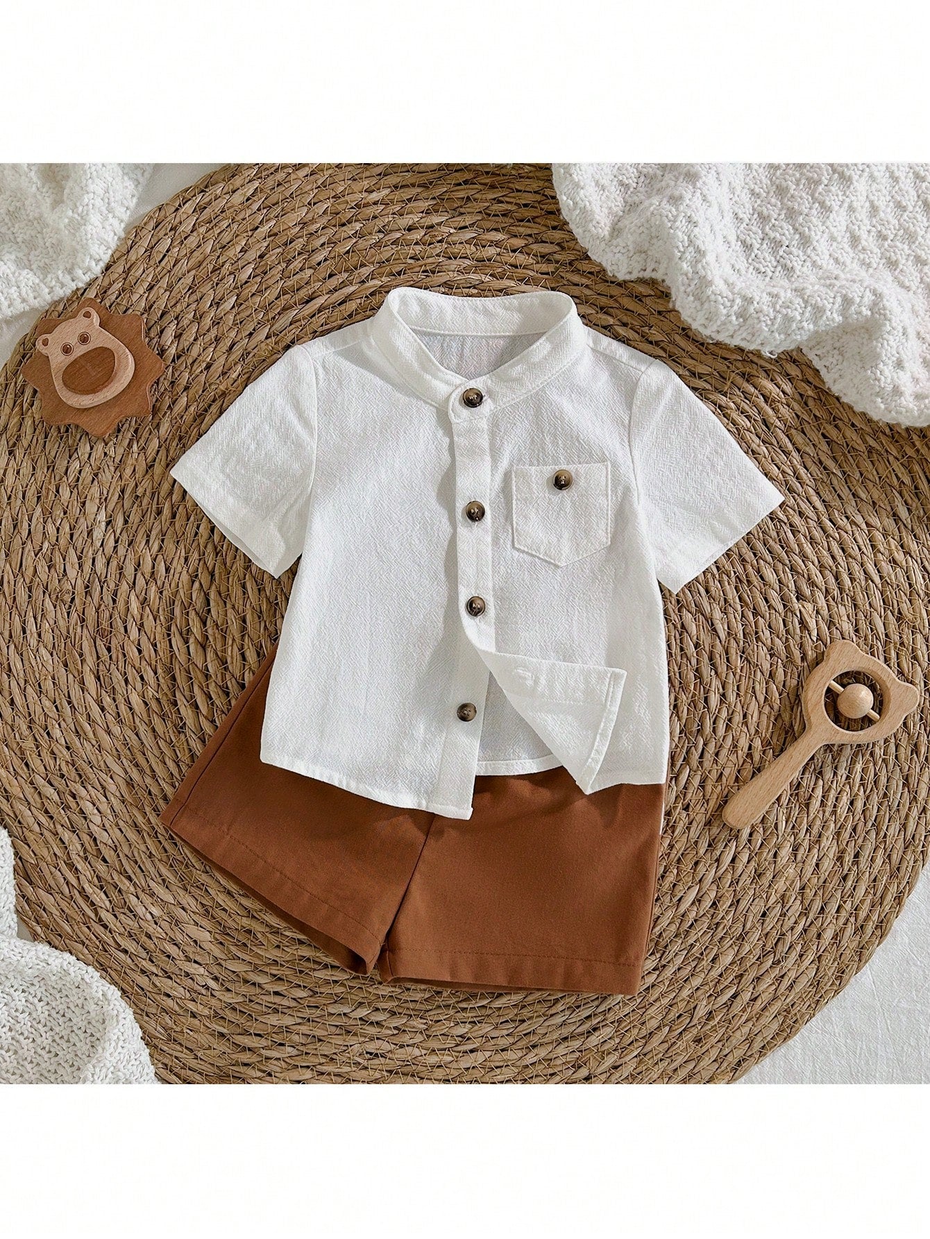Boys Textured Button-Front Shirt & Shorts Set - Ivory