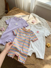 Girls Daisy Ribbed Knit Romper Set - Lavender