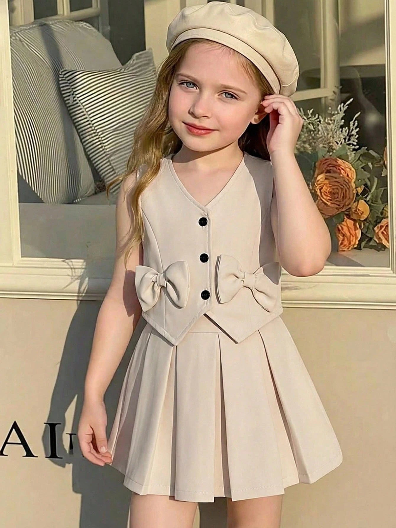 2pcs Little Girls Bow V-Neck Vest & Pleated Skirt Set - Ecru | 21 C...