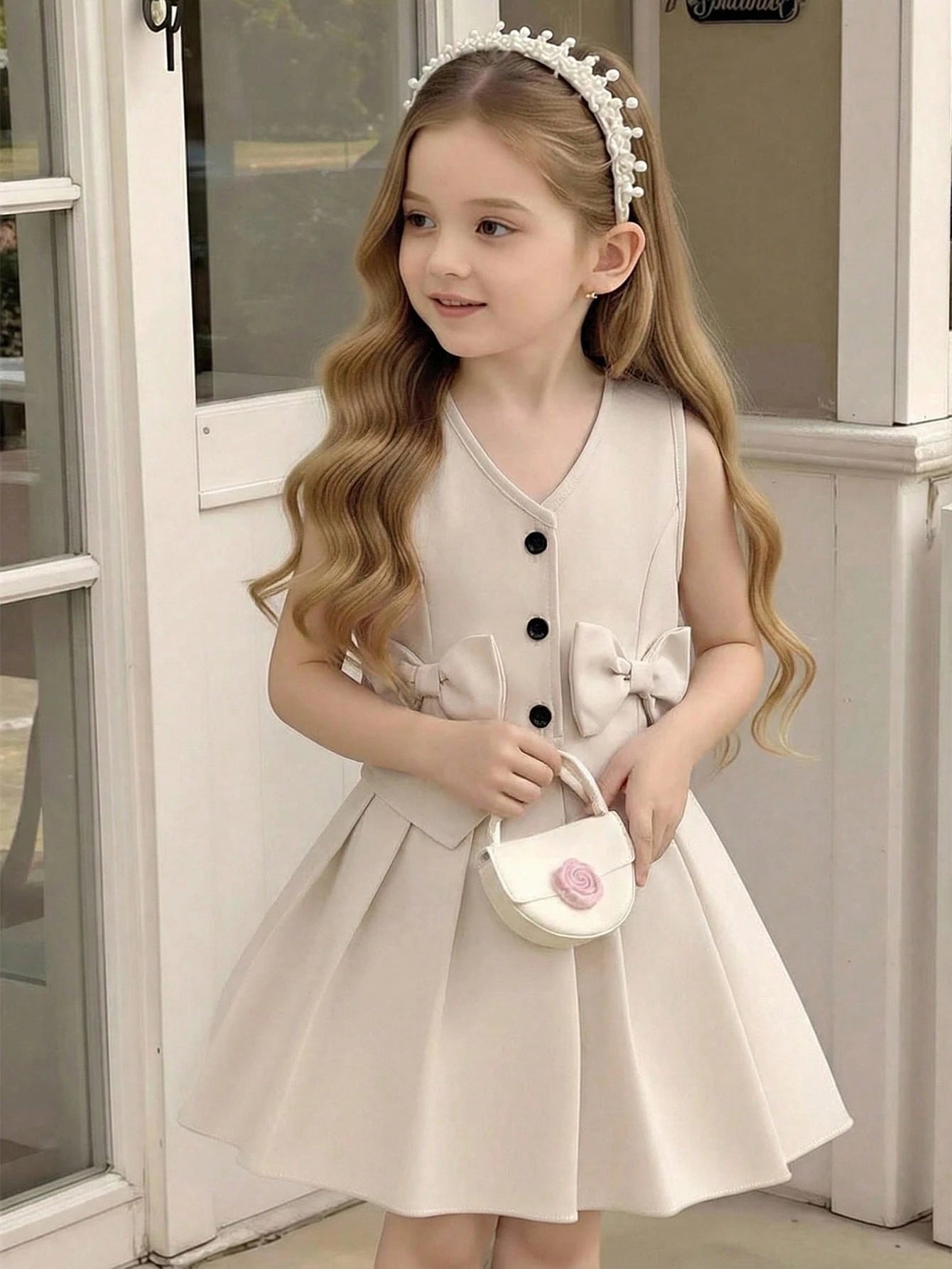 2pcs Little Girls Bow V-Neck Vest & Pleated Skirt Set - Ecru | 21 C...