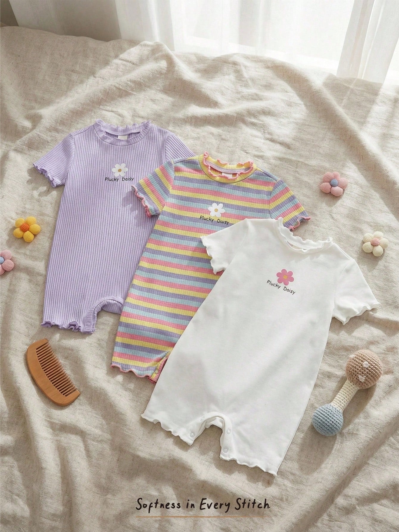 Girls Daisy Ribbed Knit Romper Set - Lavender