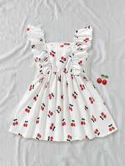 Girls Cherry Print Square Neck Ruffle Dress - Ivory | 21 Century Kids