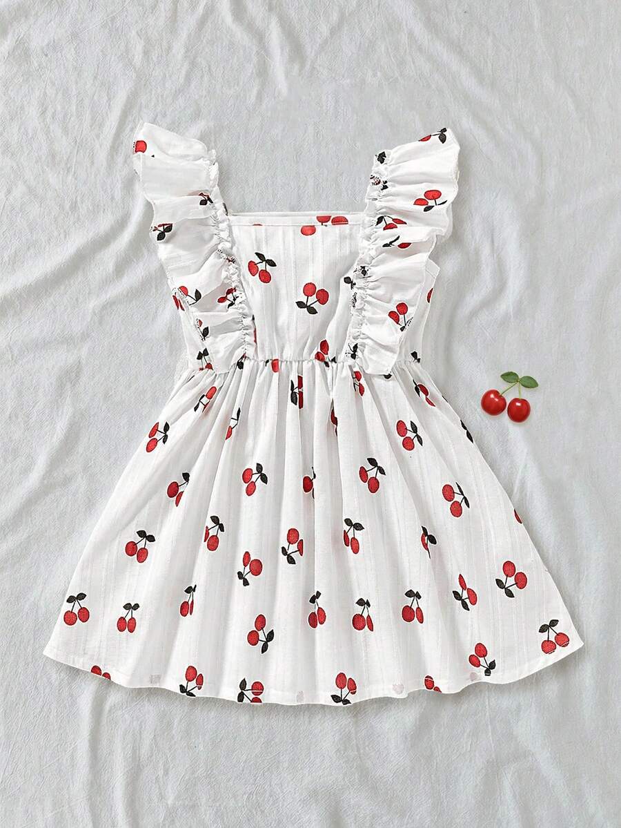 Girls Cherry Print Square Neck Ruffle Dress - Ivory | 21 Century Kids