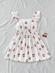 Girls Cherry Print Square Neck Ruffle Dress - Ivory | 21 Century Kids