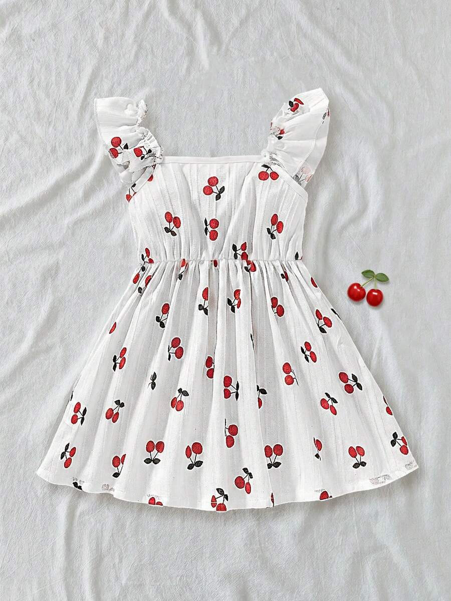 Girls Cherry Print Square Neck Ruffle Dress - Ivory | 21 Century Kids