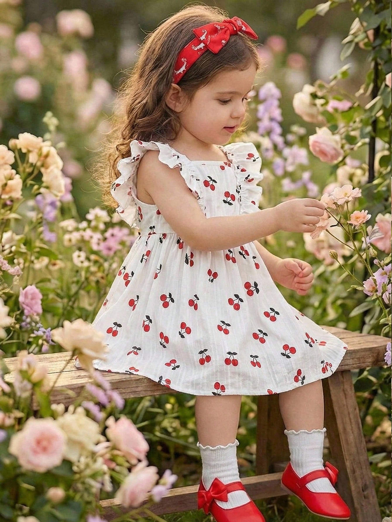Girls Cherry Print Square Neck Ruffle Dress - Ivory | 21 Century Kids