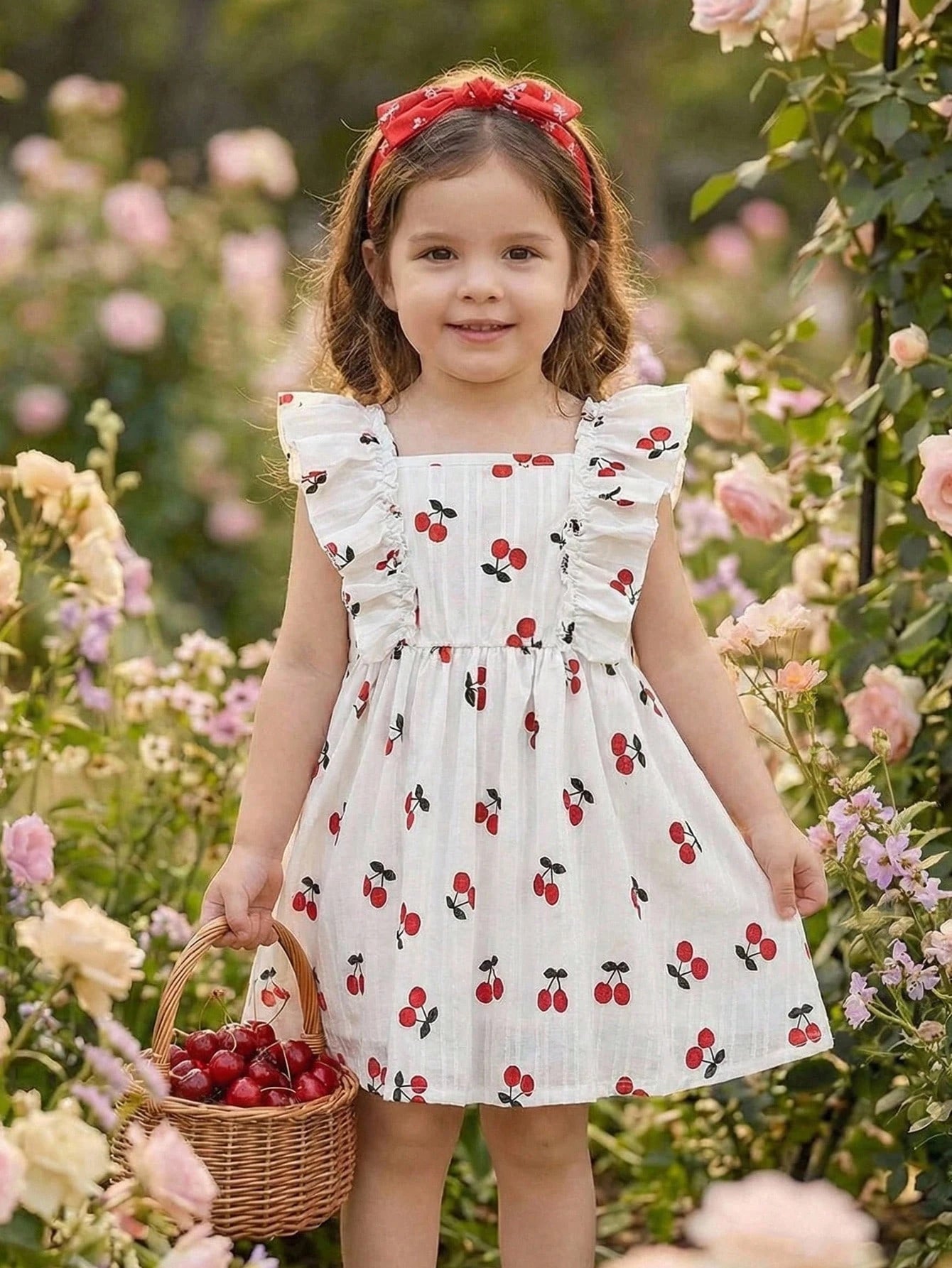 Girls Cherry Print Square Neck Ruffle Dress - Ivory | 21 Century Kids