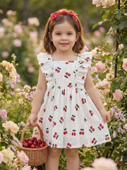 Girls Cherry Print Square Neck Ruffle Dress - Ivory | 21 Century Kids