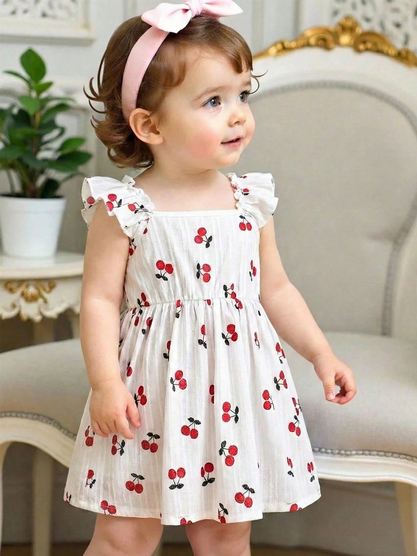 Girls Cherry Print Square Neck Ruffle Dress - Ivory | 21 Century Kids