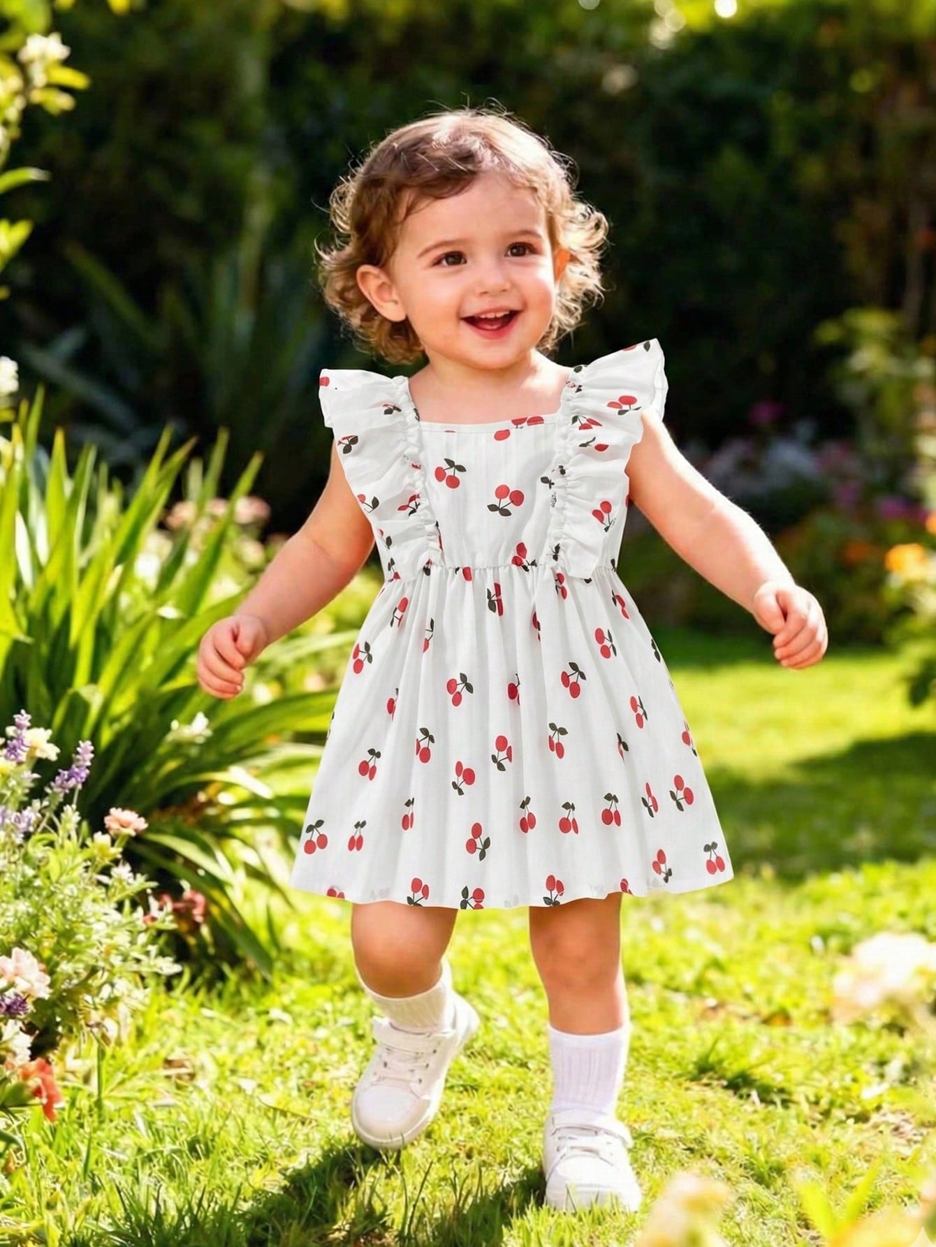 Girls Cherry Print Square Neck Ruffle Dress - Ivory | 21 Century Kids
