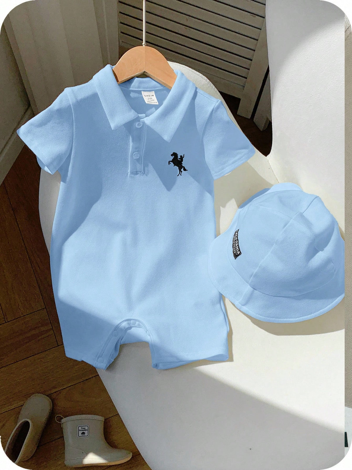 2pcs Unisex Polo Romper & Bucket Hat Set - Cerulean | 21 Century Kids