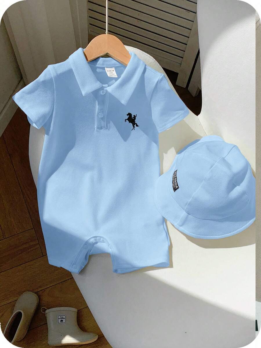 2pcs Unisex Polo Romper & Bucket Hat Set - Cerulean | 21 Century Kids