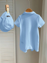 2pcs Unisex Polo Romper & Bucket Hat Set - Cerulean | 21 Century Kids