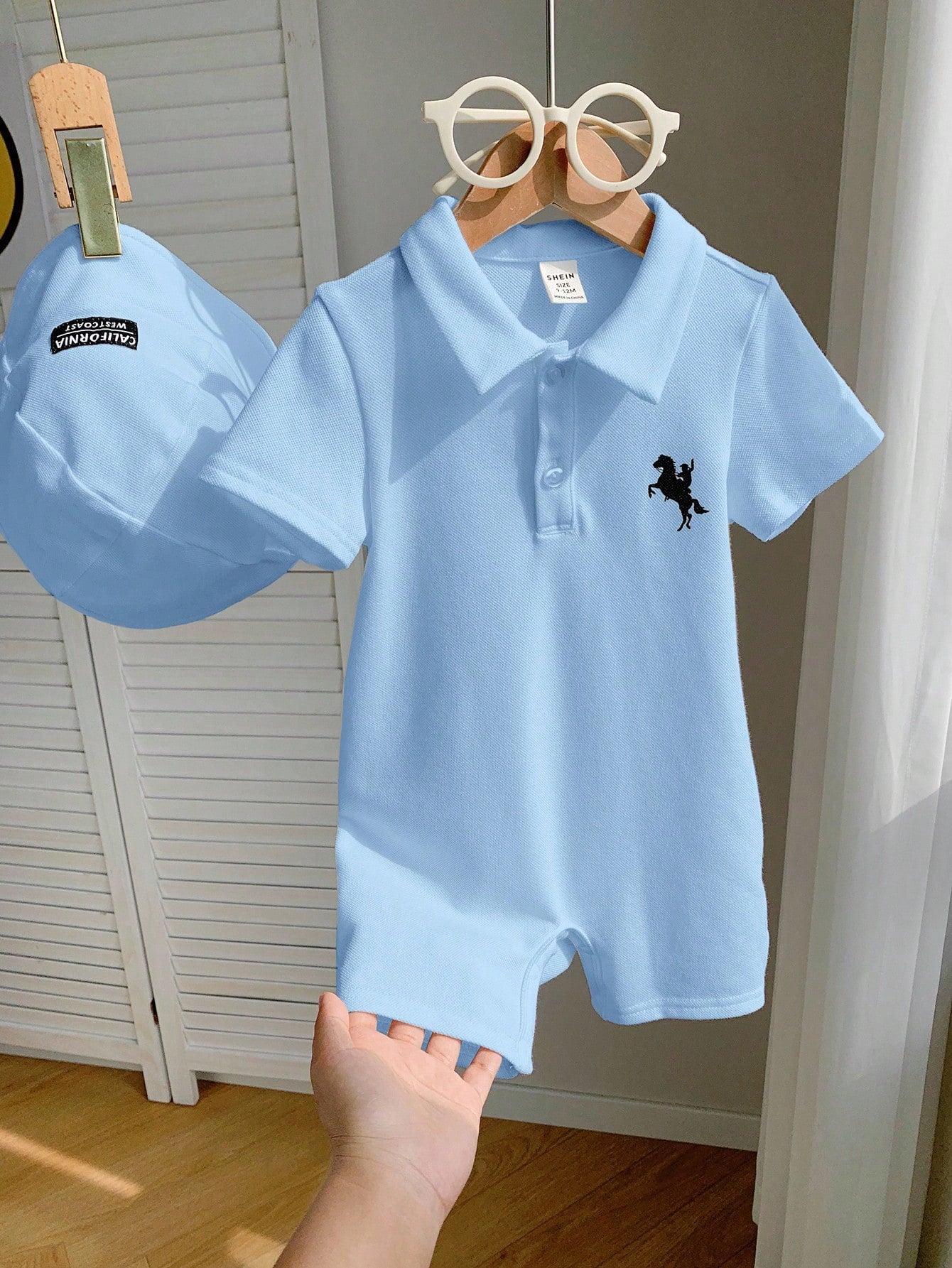 2pcs Unisex Polo Romper & Bucket Hat Set - Cerulean | 21 Century Kids