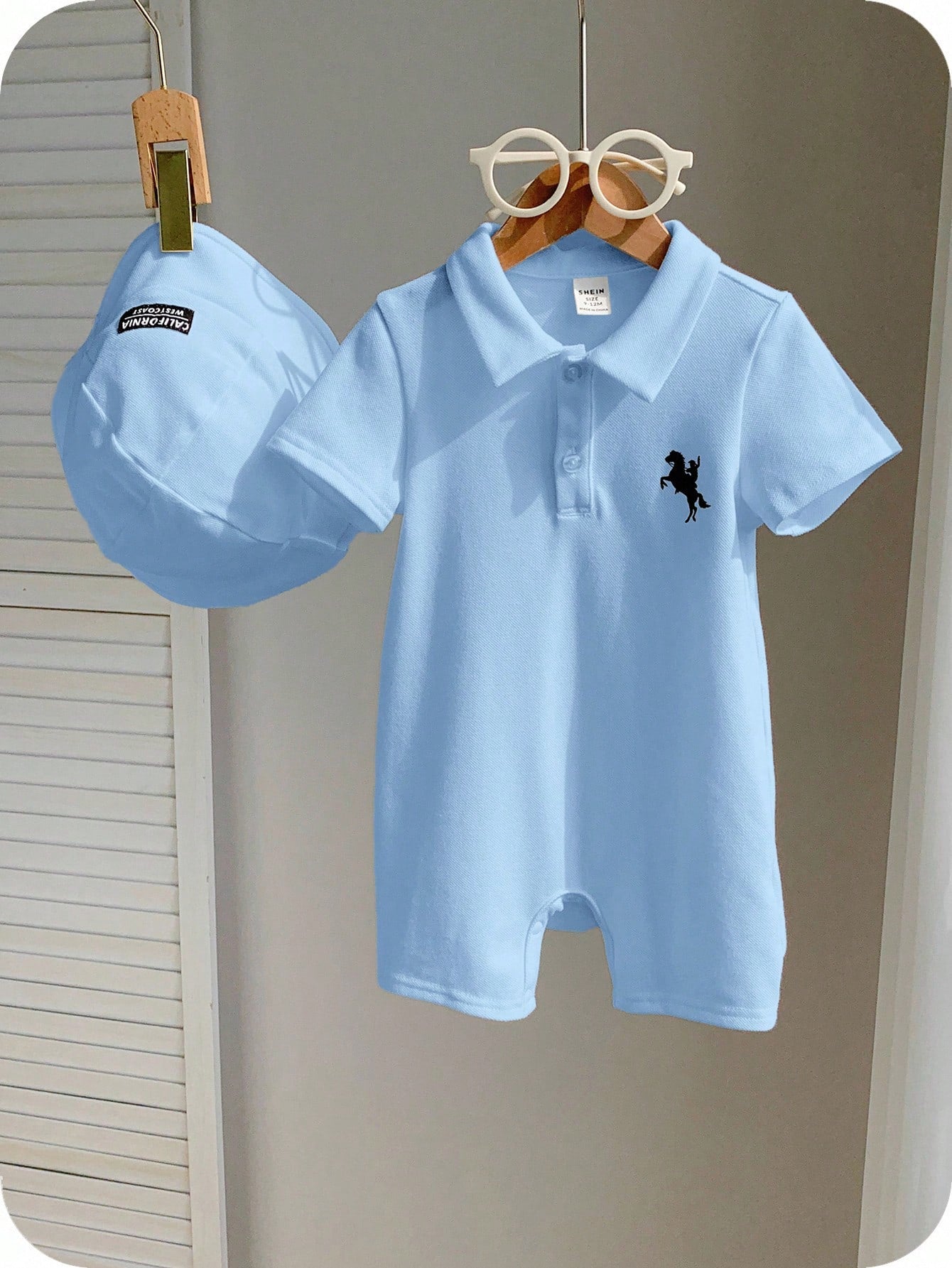 2pcs Unisex Polo Romper & Bucket Hat Set - Cerulean | 21 Century Kids