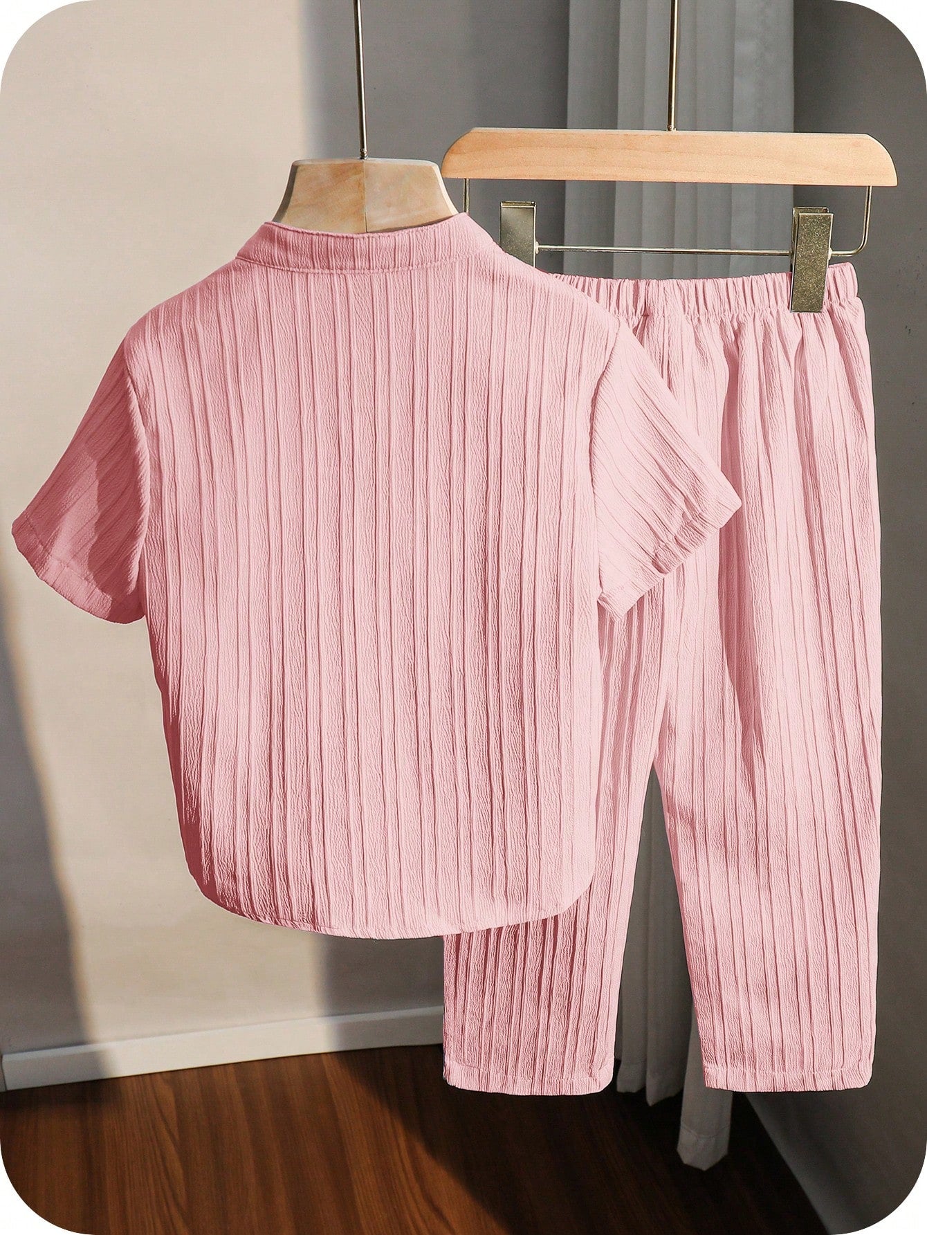 Little Boys Textured Stand Collar Shirt & Trousers Set - Blush