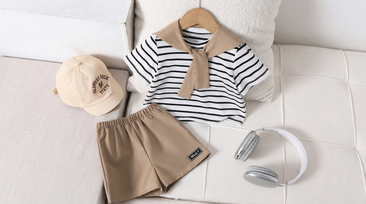 3pcs Boys Striped Sailor Tee & Shorts Set - Ivory