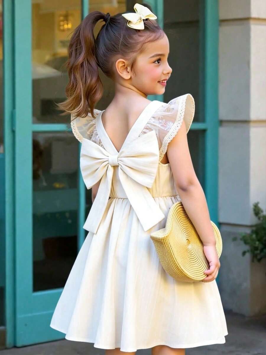 Little Girls Lace Flutter Sleeve Back-Bow A-Line Dress - Ecru | 21 ...