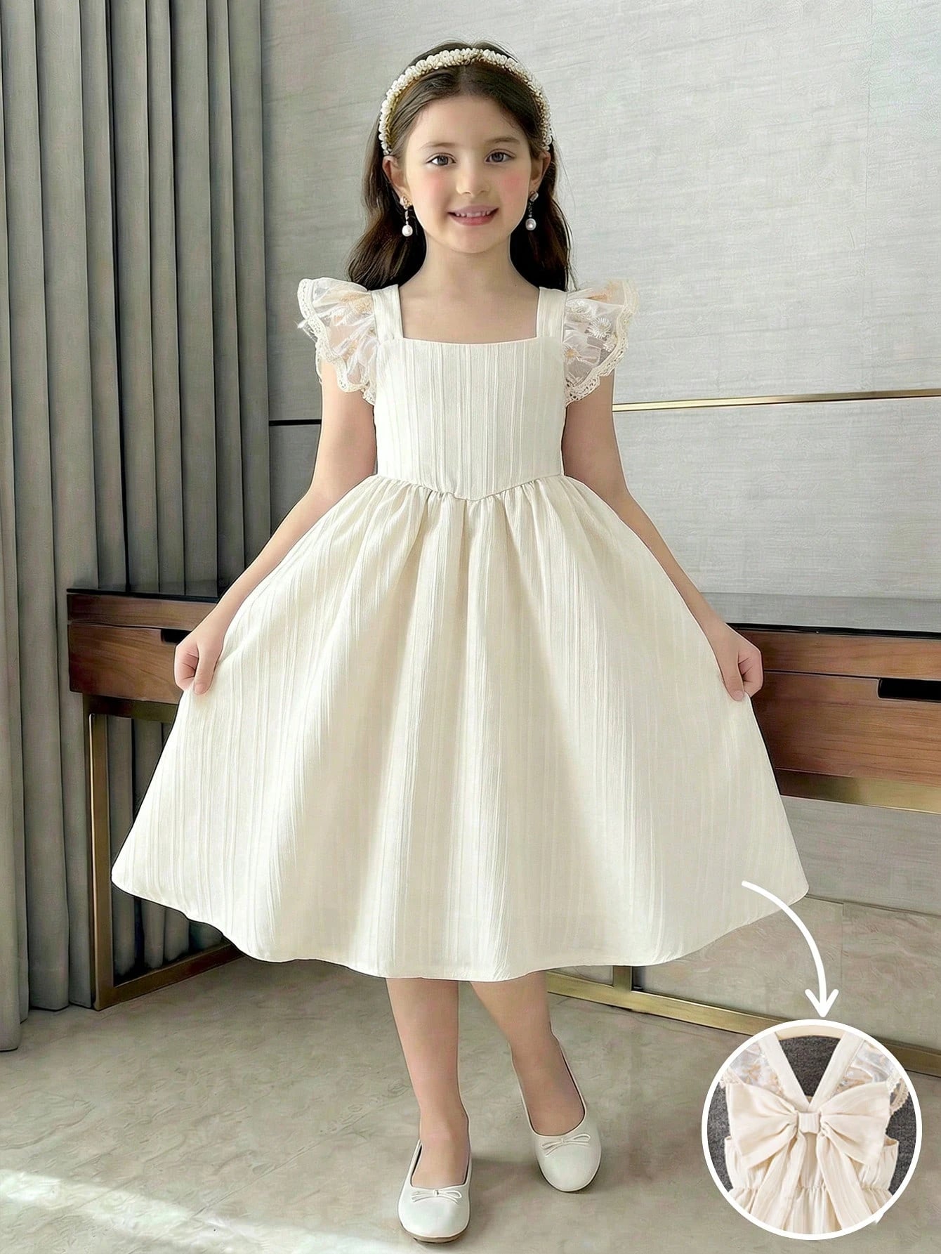 Little Girls Lace Flutter Sleeve Back-Bow A-Line Dress - Ecru | 21 ...