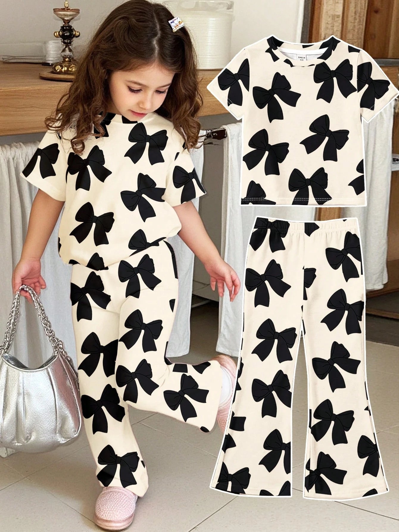 2pcs Little Girls Bow Print Tee & Flare Pants Set - Ecru | 21 Centu...